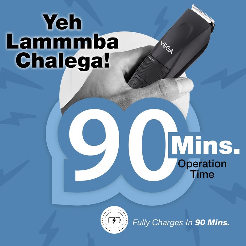VEGA Power Lite Beard Trimmer for Men (VHTH-38, Black) | Ultra-Lightweight Corded & Cordless Grooming Machine | 40 Length Settings (0.5mm-20mm) & 90 Mins Runtime | Type-C Fast Charging & Travel Lock - Image 3